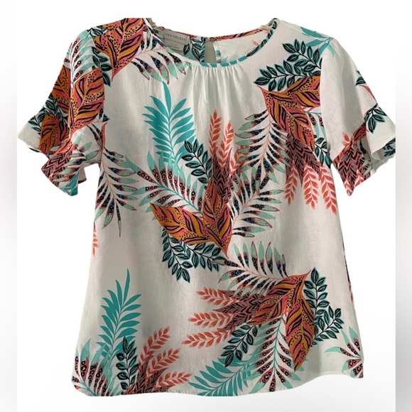 Van Heusen Women's Floral Blouse - Orange, Teal, Black on White - Picture 9 of 12